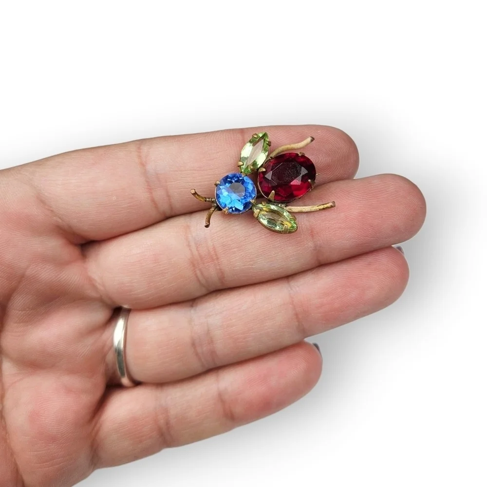 Vintage Bug Brooch Jewel Tone Glass Rhinestone Colorful Bee Fly Insect Brass